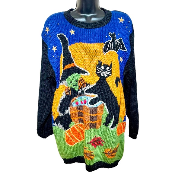Vintage Sweaters Vintage Halloween Sweater 9s Chunky Knit Witch Cat